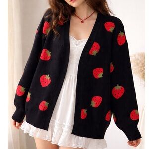 Strawberry Patterned Black Sweater sz Large Whimsical Kitsch Statement cardigan
